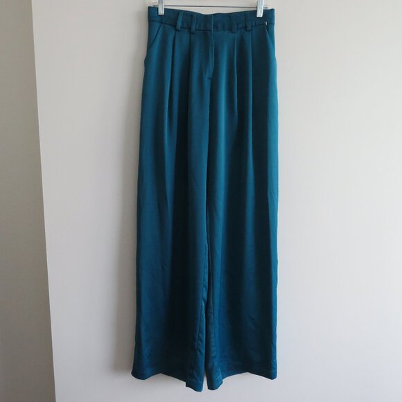 ZENA PRESLEY Teal Satin Palazzo Wide Leg Pants Drapey - Women's Size M - Picture 3 of 15